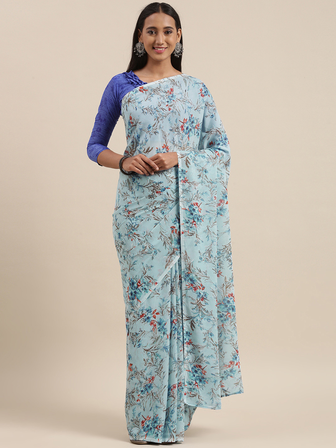 

KALINI Blue & Pink Floral Print Saree
