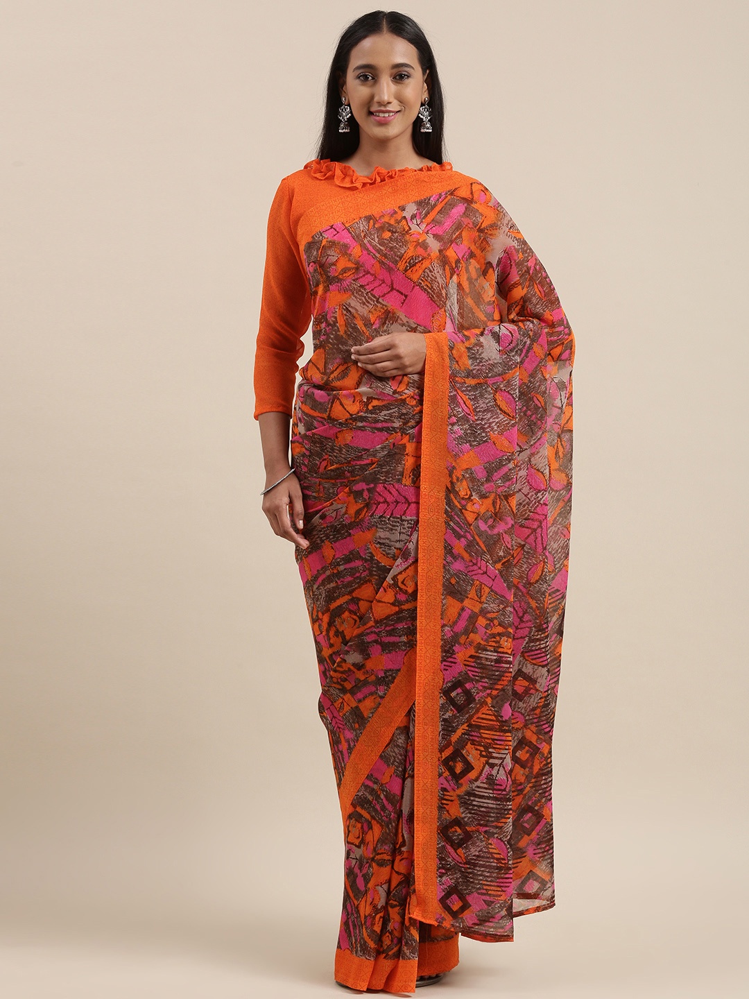 

KALINI Orange & Pink Abstract Print Saree
