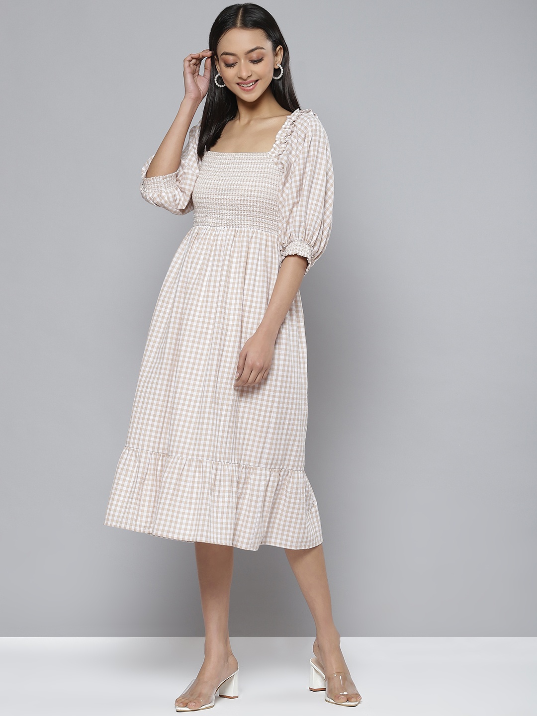 

Femella Beige Checked A-Line Midi Dress