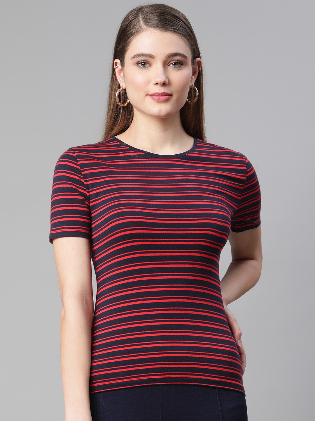 

Marks & Spencer Women Navy Blue & Red Striped T-shirt