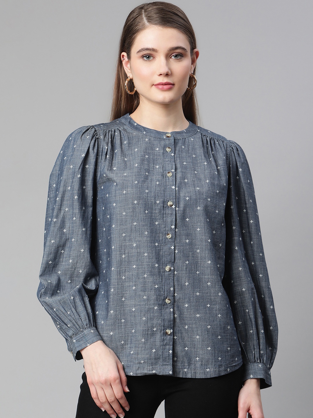 Marks & Spencer Women Blue Print Shirt Style Top