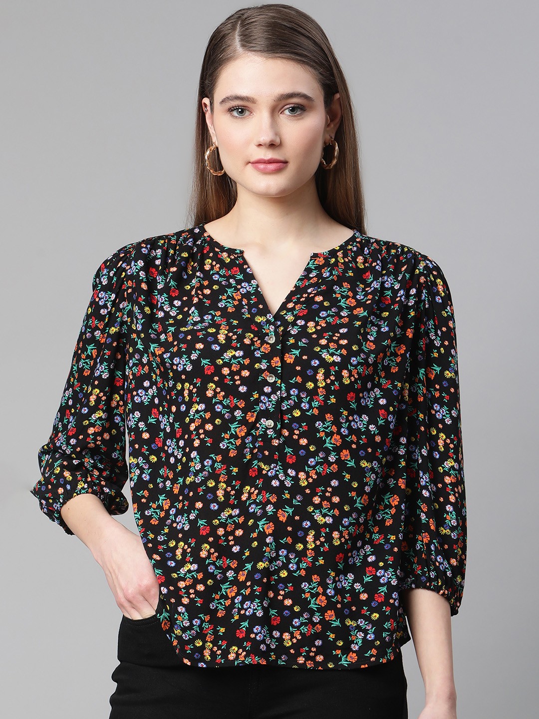 

Marks & Spencer Women Black & Multicoloured Floral Print Mandarin Collar Blouson Top