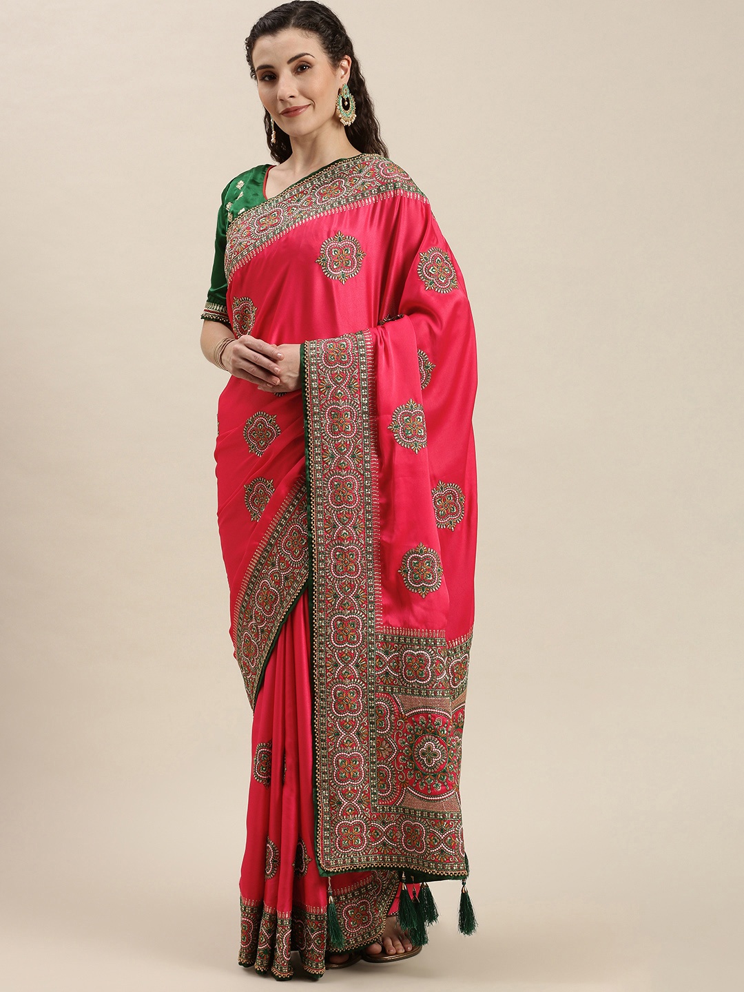 

Amrutam Fab Pink & Green Ethnic Motifs Woven Design Embroidered Pure Silk Saree
