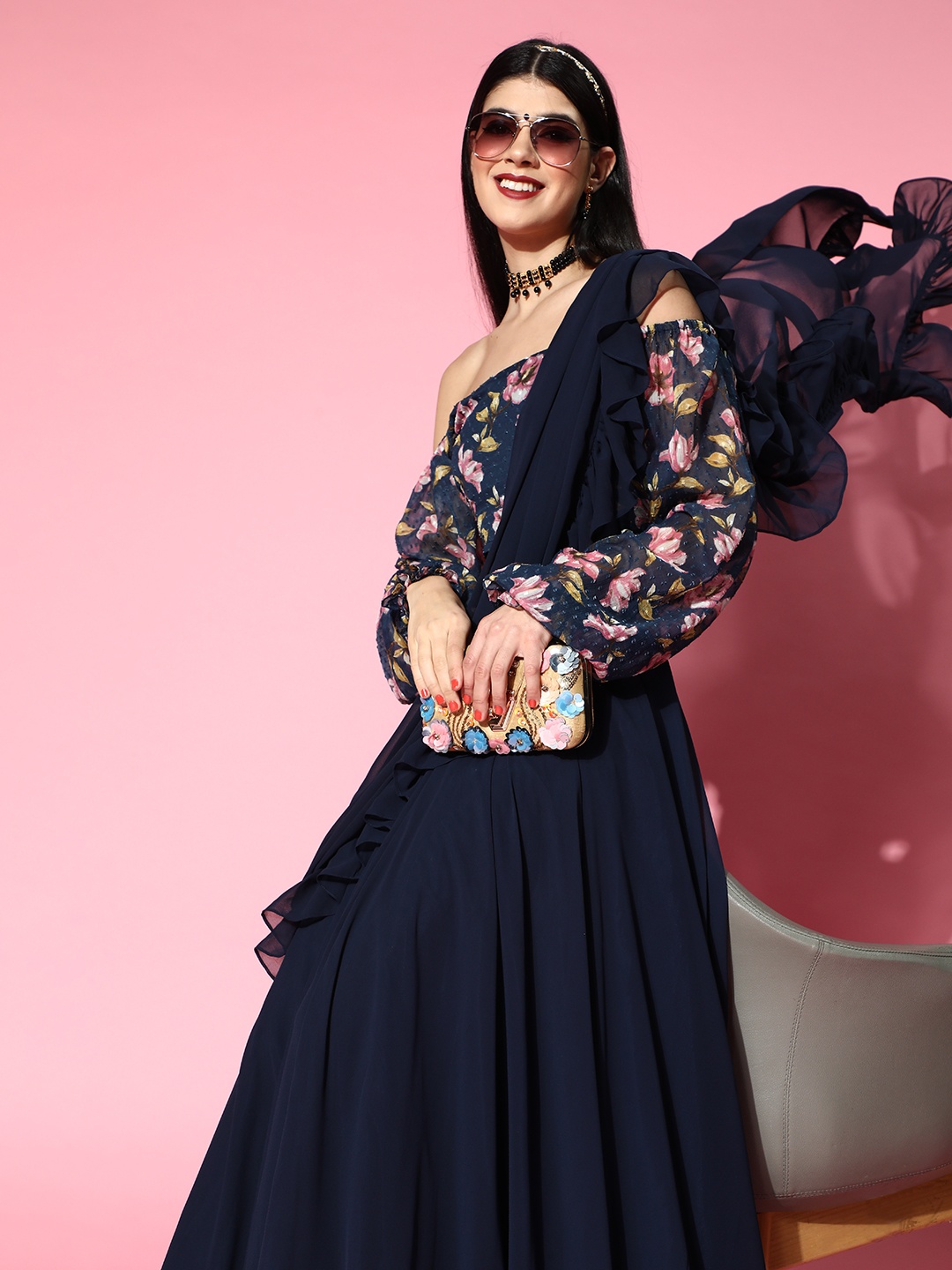

Inddus Women Navy Blue Lehenga Saree with Ruffle Pattern & Blouse Piece