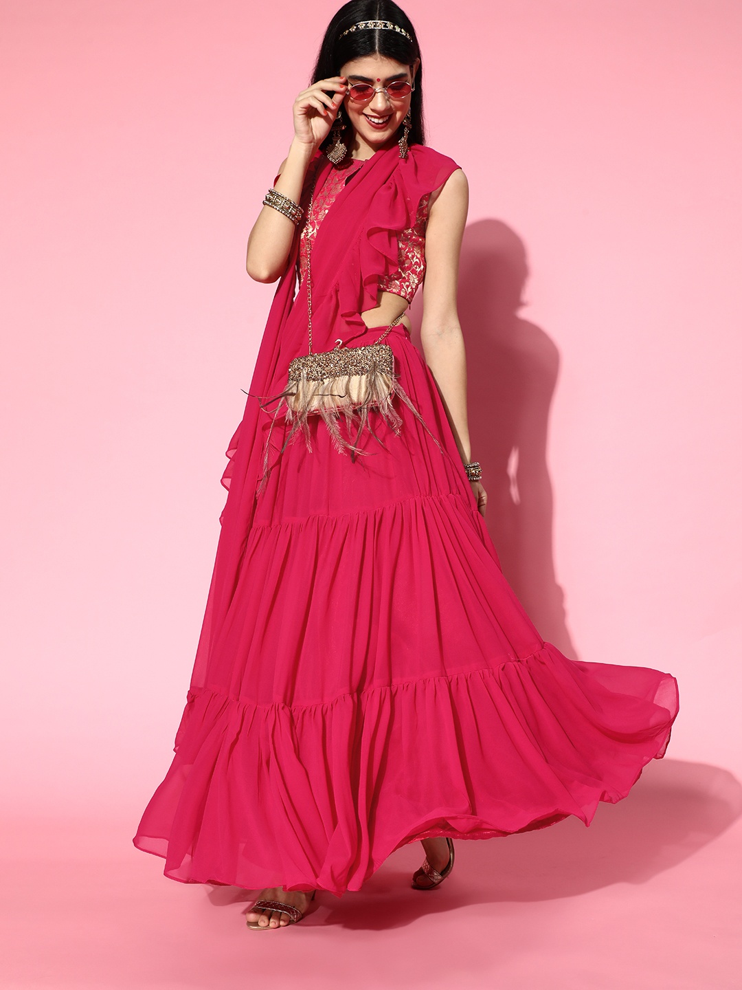 

Inddus Women Magenta Pink Lehenga Saree with Ruffle Pattern & Blouse Piece
