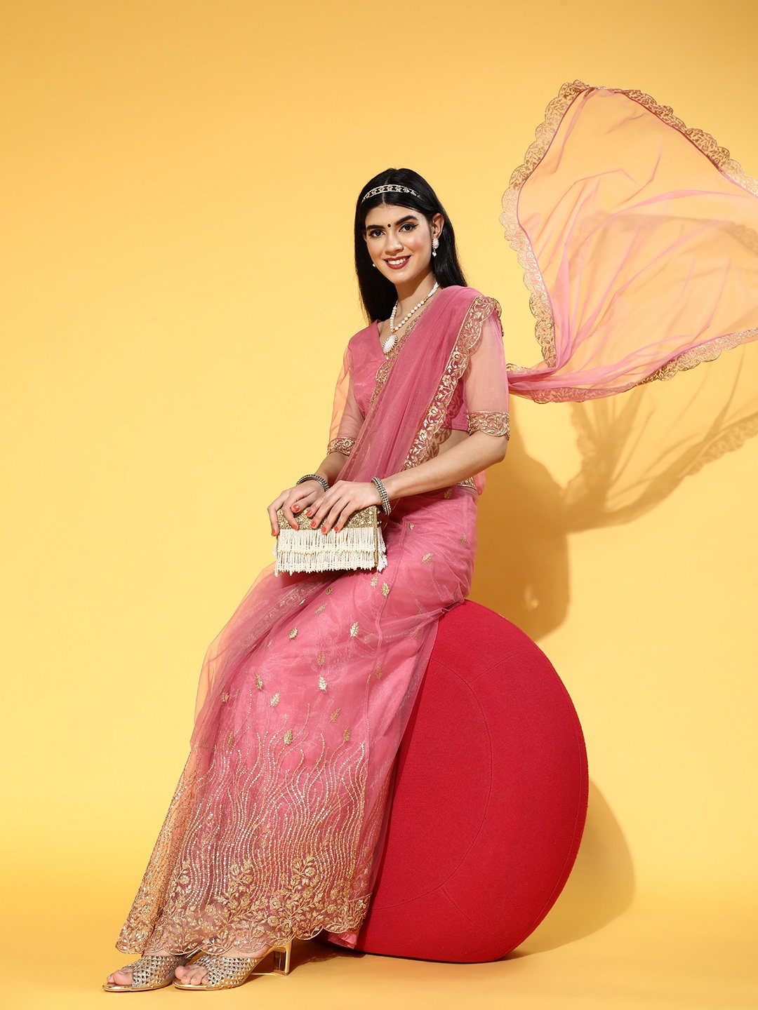 

Inddus Women Pretty Pink Net Embellished Saree with Blouse Piece