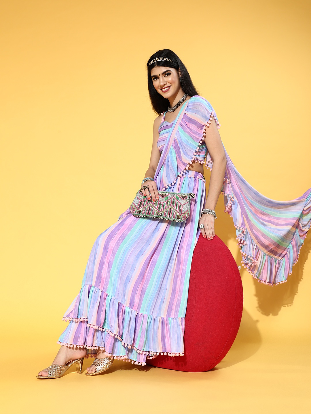 

Inddus Women Multi-Coloured Lehenga Saree with Blouse Piece, Pink