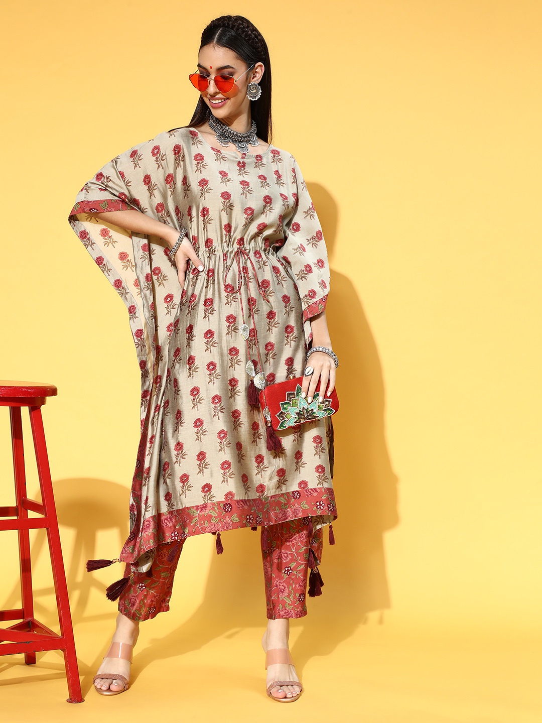 

Vbuyz Floral Chanderi Silk Kaftan Kurta Set, Beige