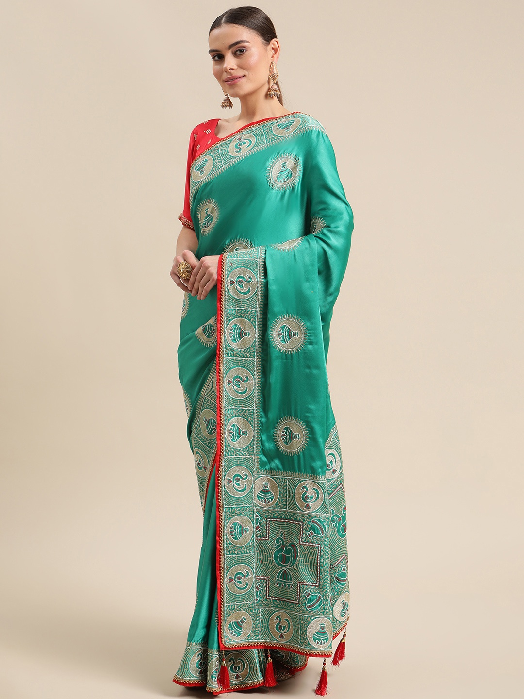 

Fab Dadu Green Ethnic Motifs Embroidered Pure Silk Saree