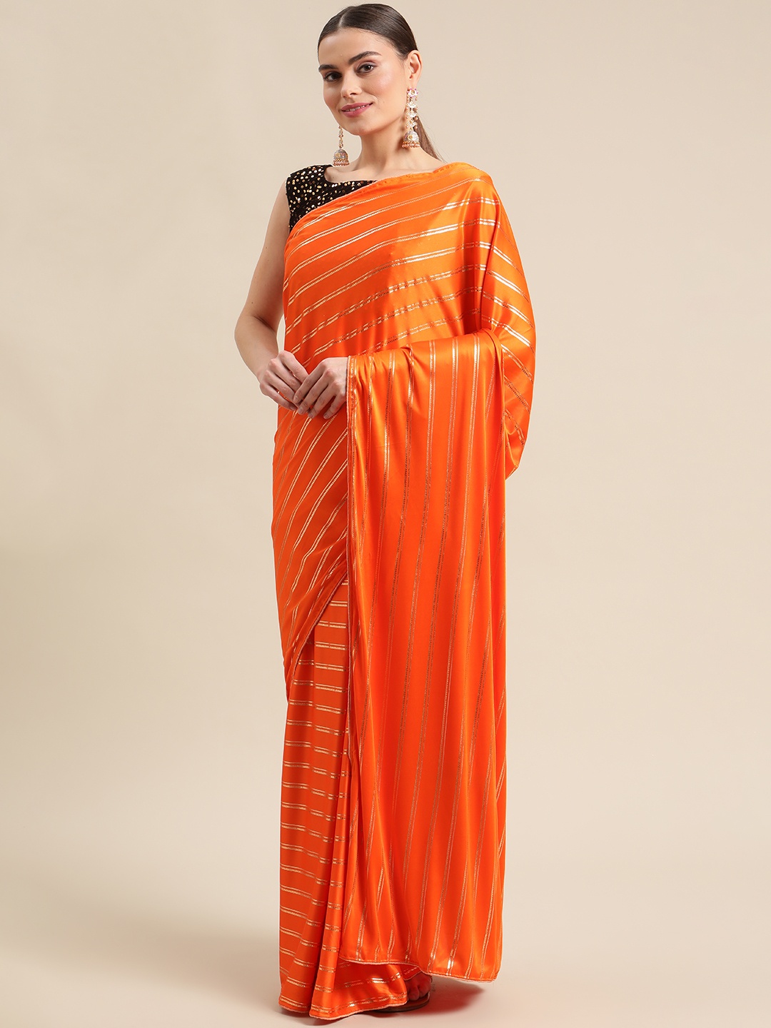 

Fab Dadu Orange Striped Art Silk Saree