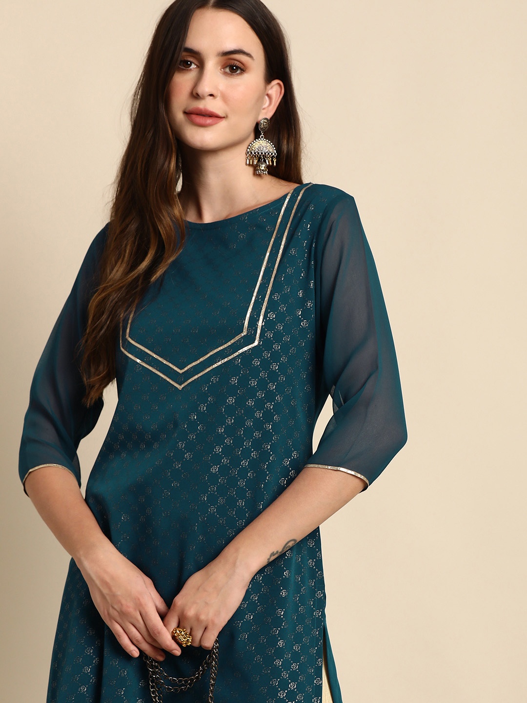 

Janasya Women Teal Ethnic Motifs Printed Gotta Patti Crepe Kurta