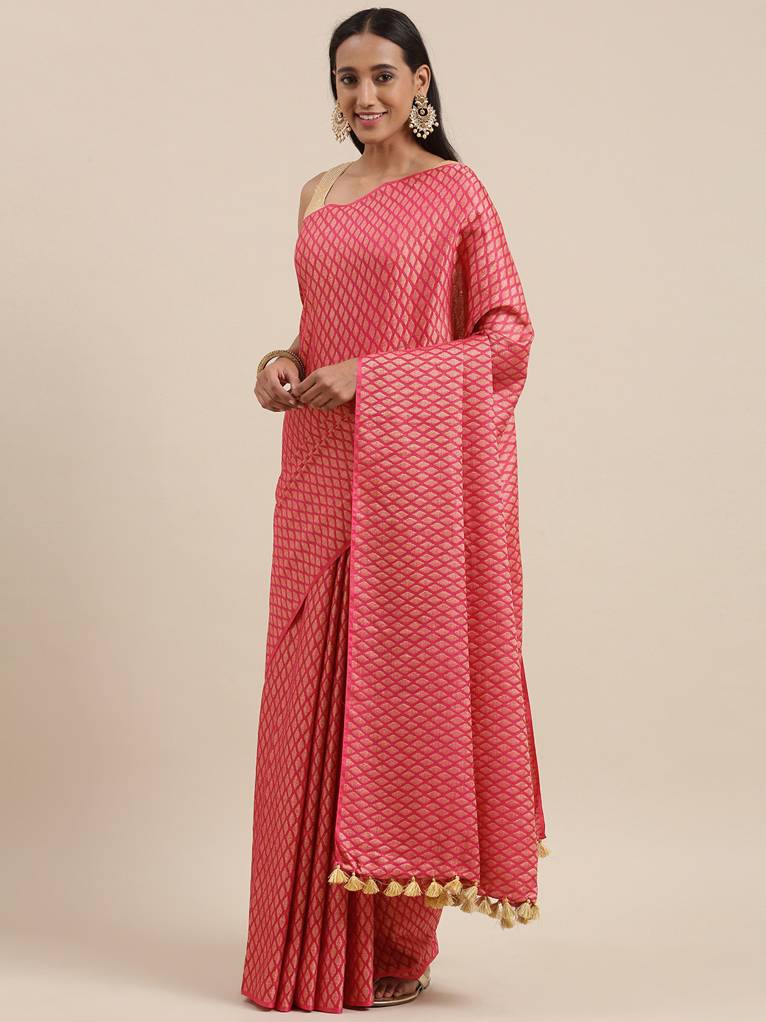 

swatika Pink & Gold Geometric Woven Design Silk Blend Bhagalpuri Saree