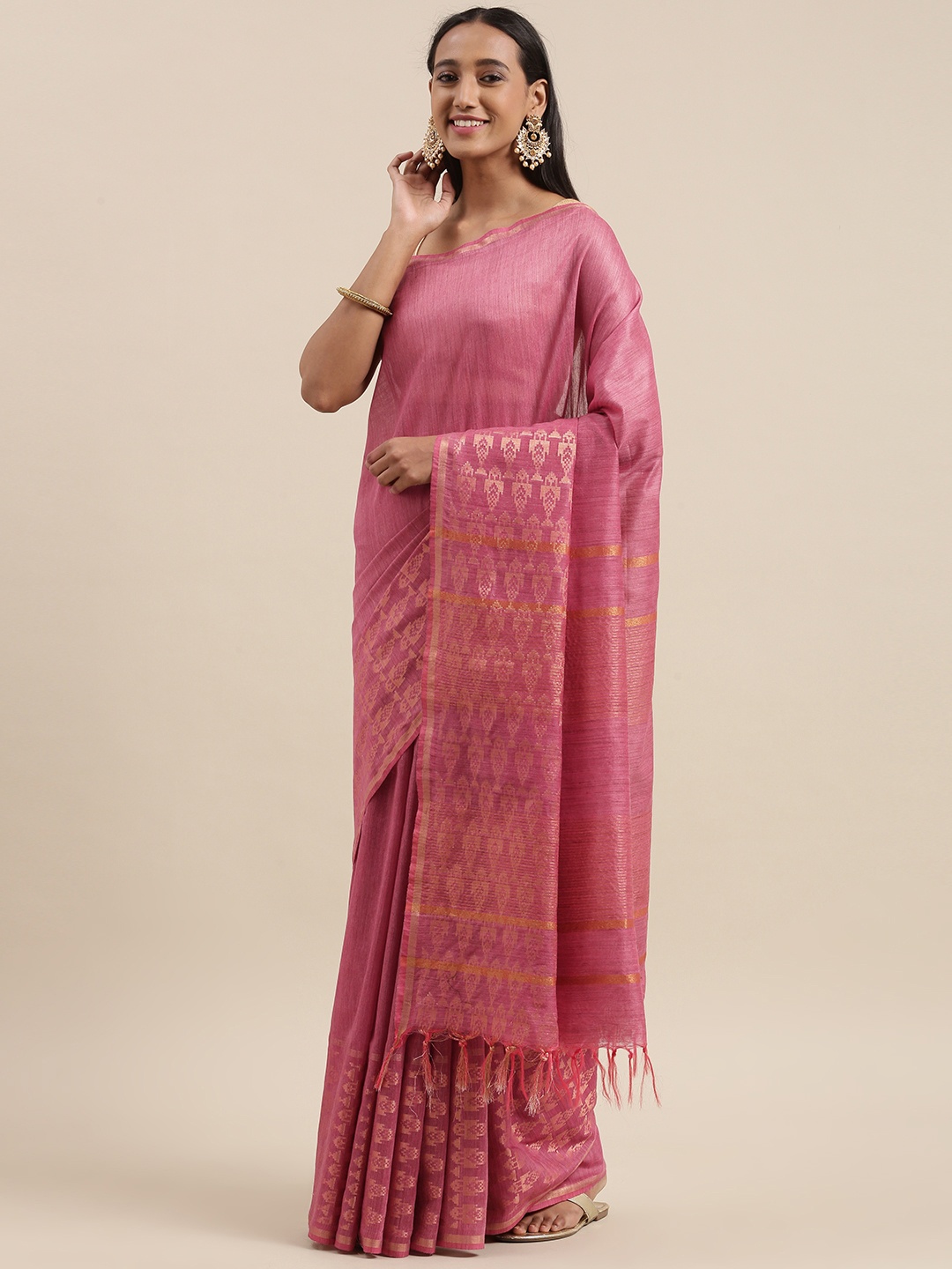 

swatika Pink & Gold Woven Design Zari Silk Blend Bhagalpuri Saree