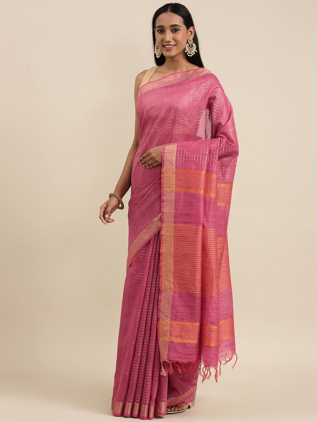 

swatika Pink & Gold Geometric Woven Design Zari Silk Blend Bhagalpuri Saree