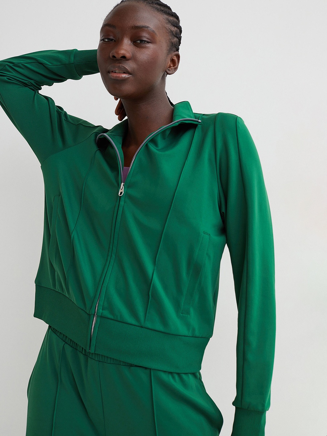 

H&M Women Green Solid Track Jacket