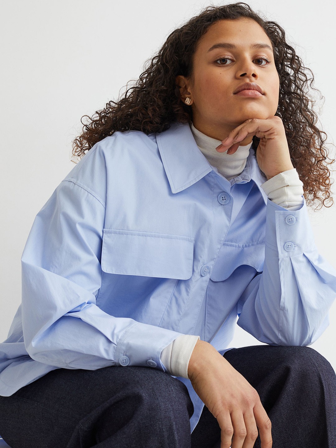 

H&M Women Blue Cotton Padded Shacket