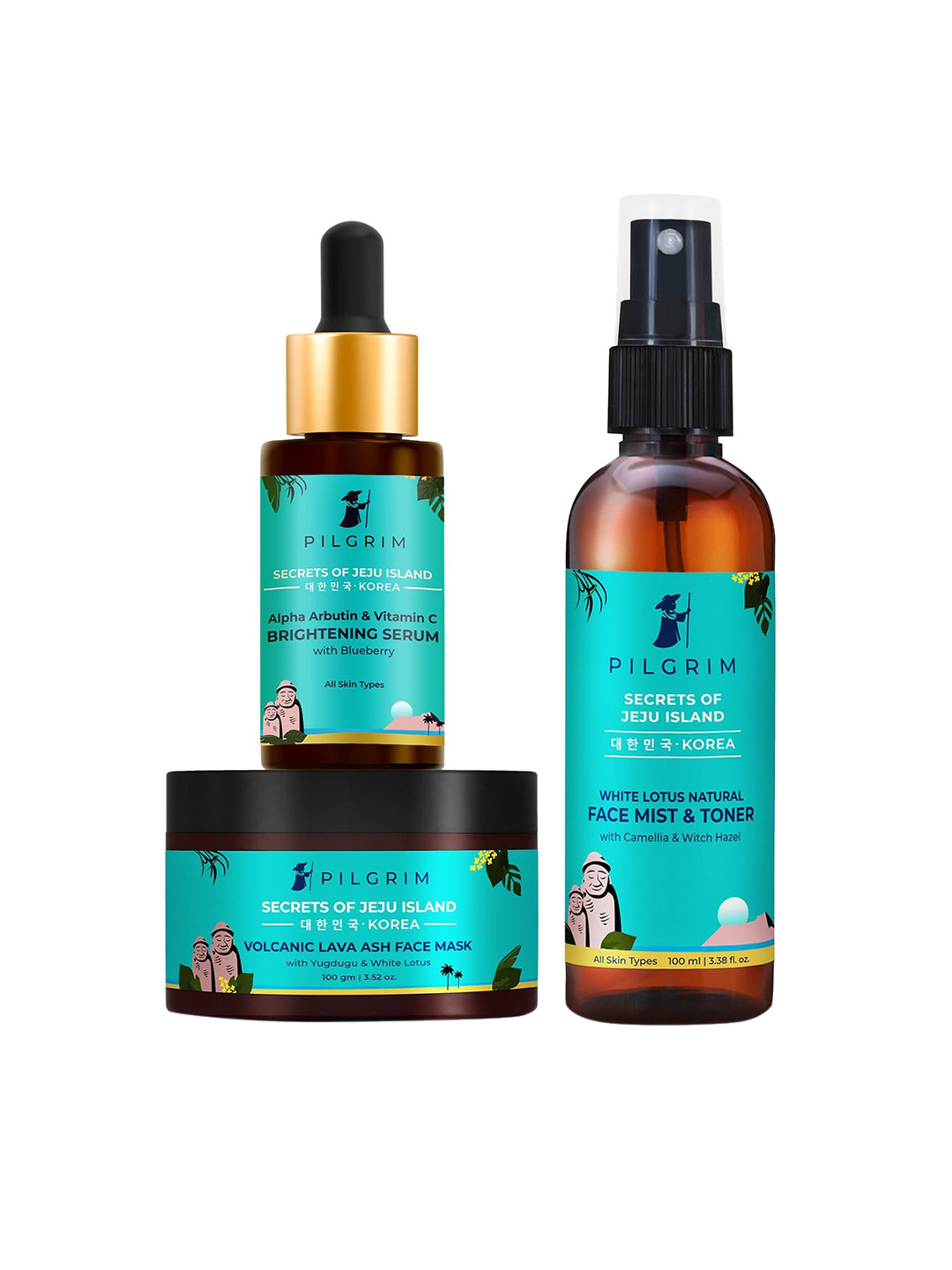 

Pilgrim Set of Secrets of Jeju Island Weekend Face Toner-Mask & Brightening Serum, Teal
