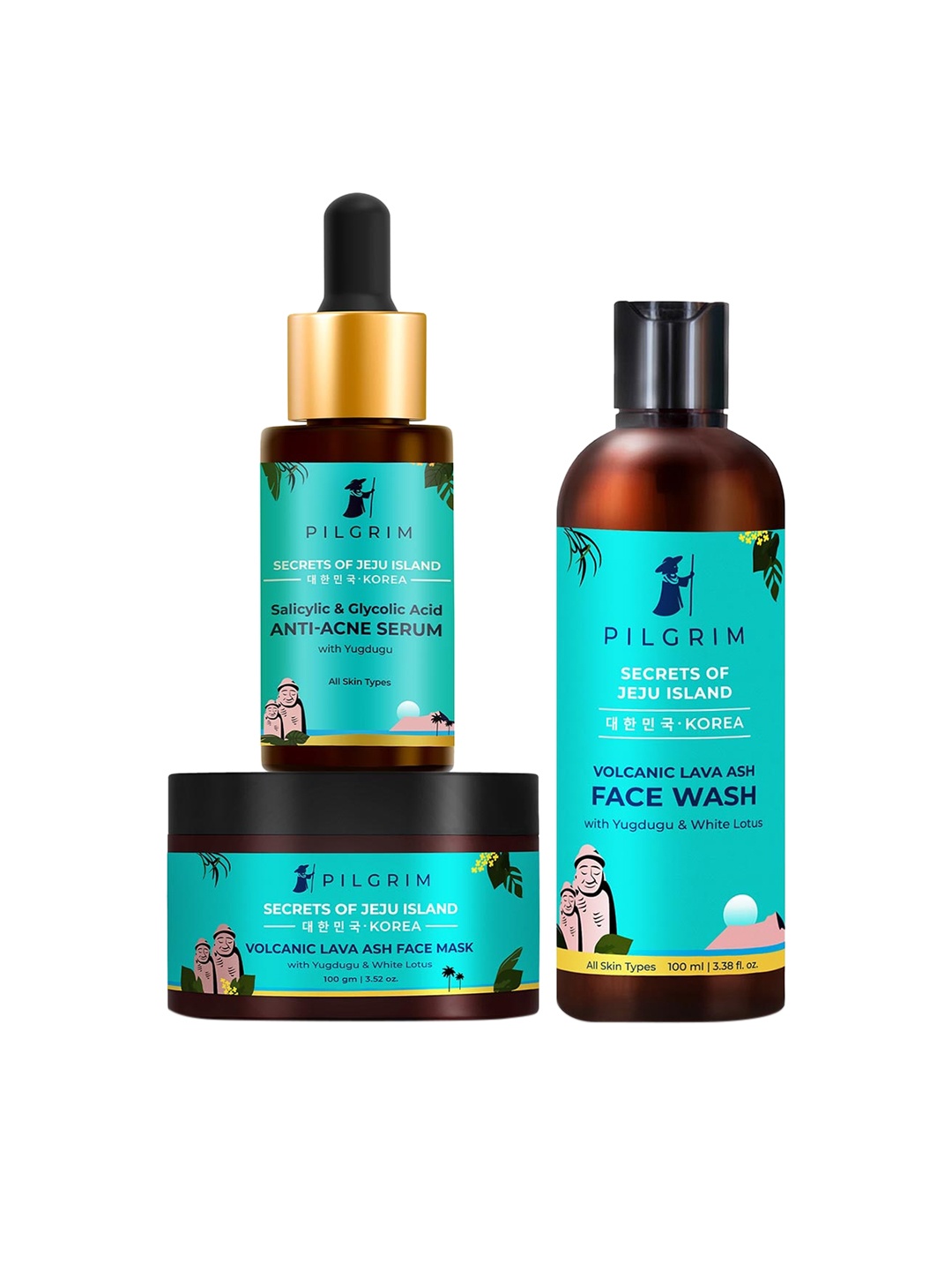 

Pilgrim Set of Secrets of Jeju Island Volcanic Face Wash-Face Mask & Anti-Acne Serum, Blue