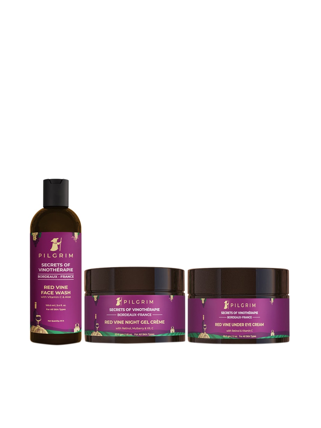 

Pilgrim Set of Secrets of Vinotherapie Face Wash-Night Gel Cream & Under Eye Cream, Purple