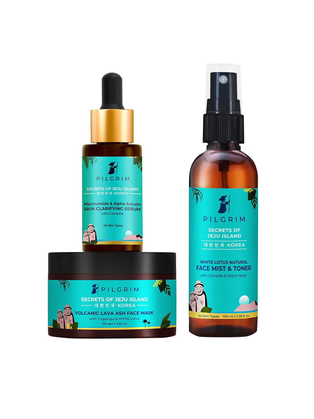 

Pilgrim Set of Secrets of Jeju Island Face Toner-Skin Clarifying Serum & Face Mask, Blue