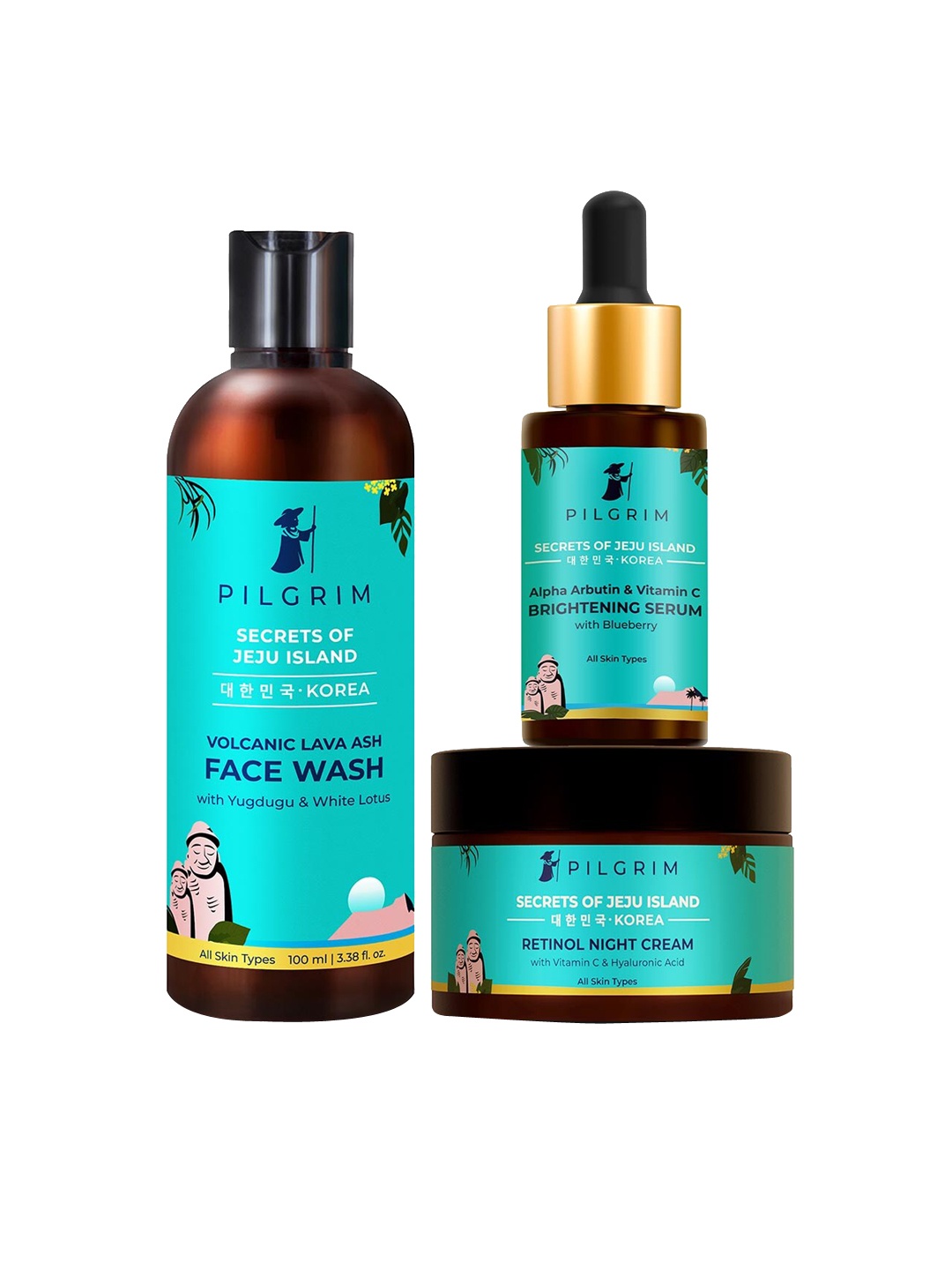 

Pilgrim Set of Secrets of Jeju Island for Face Wash-Brightening Serum & Night Cream, Teal