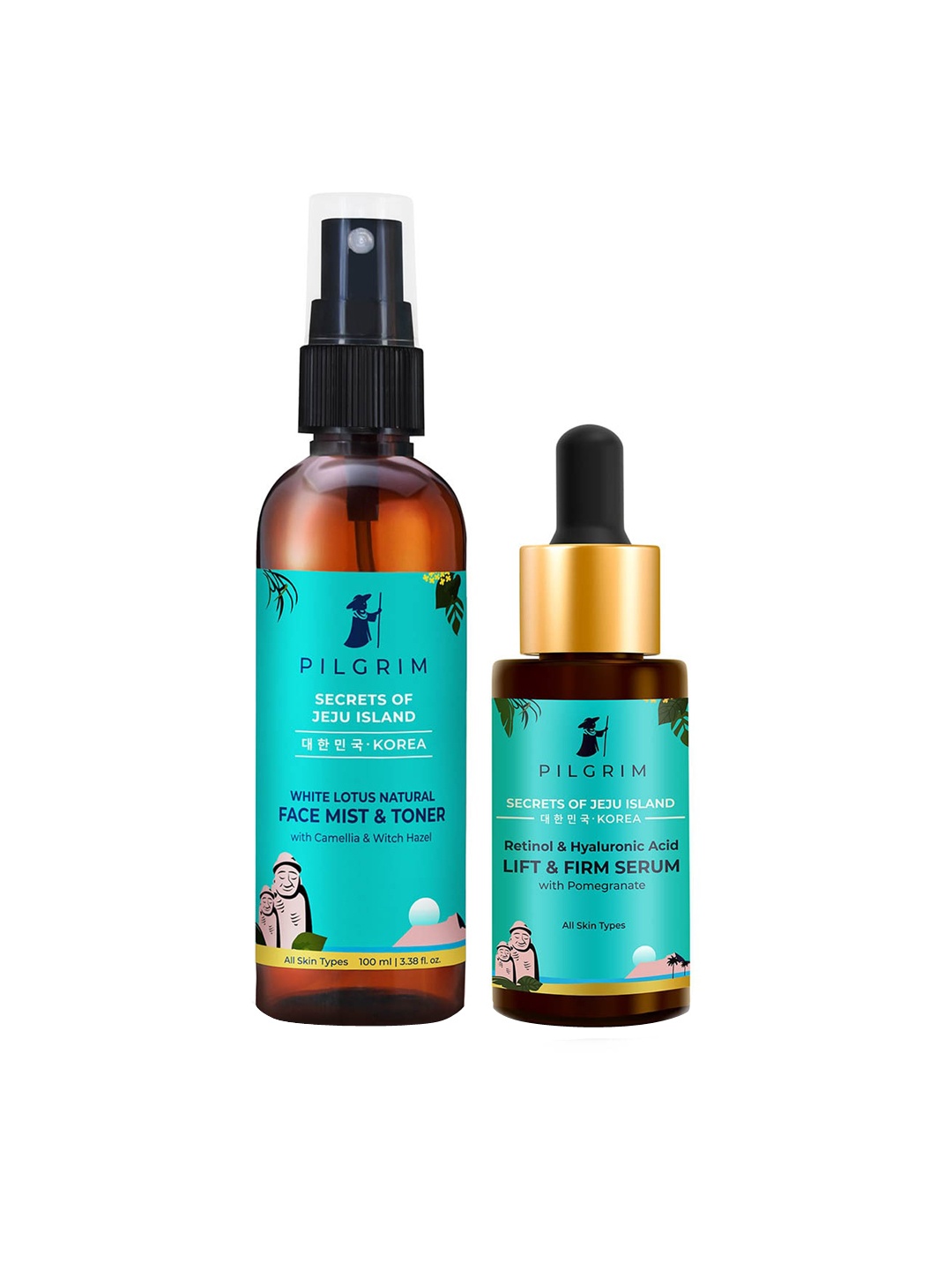 

Pilgrim Set of 2 Secrets of Jeju Island Face Mist Toner with HA Lift & Firm Serum, Teal