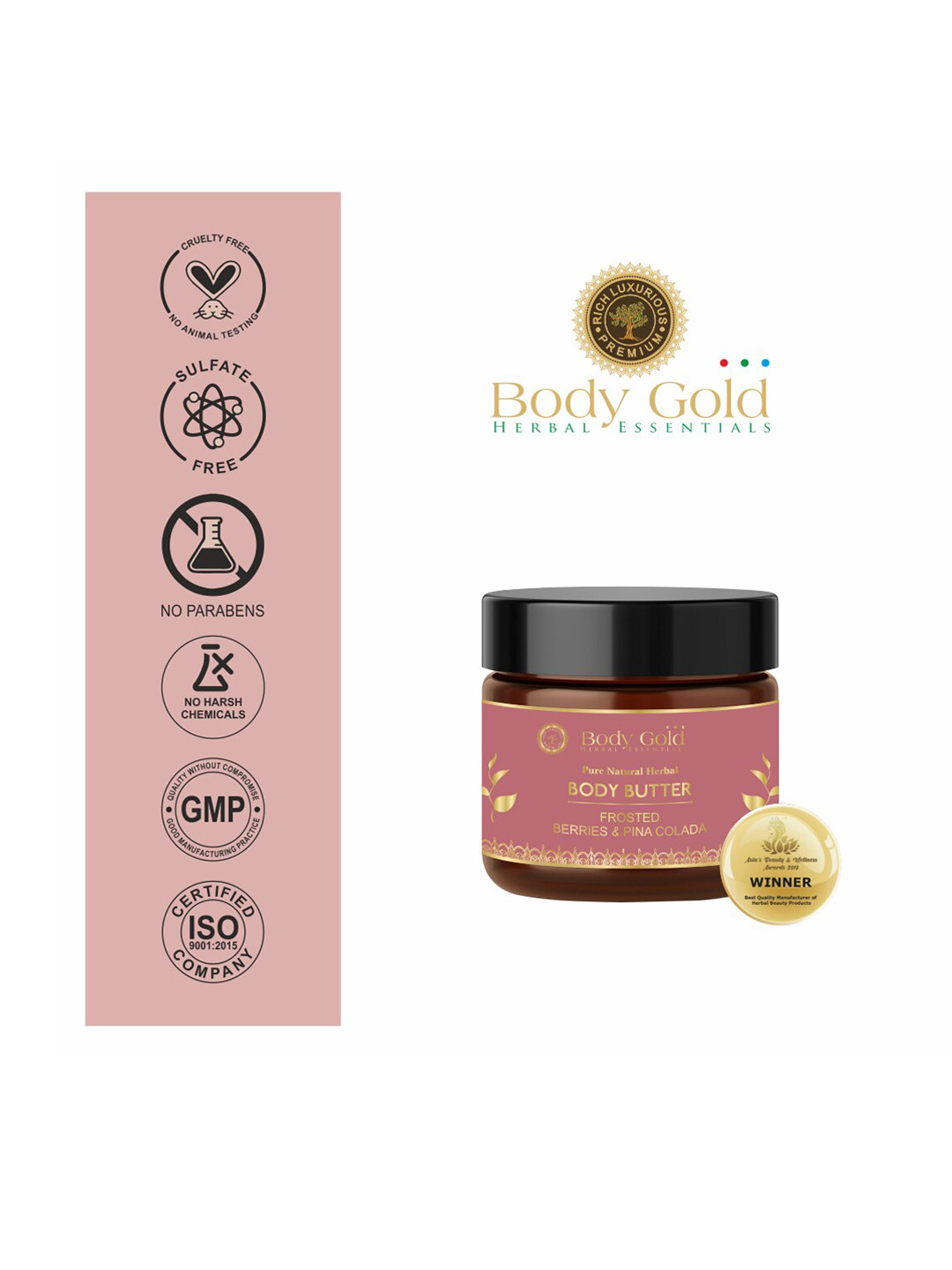 

Body Gold Pure Natural Herbal Frosted Berries & Pina Colada Body Butter Cream 100 gm, Pink