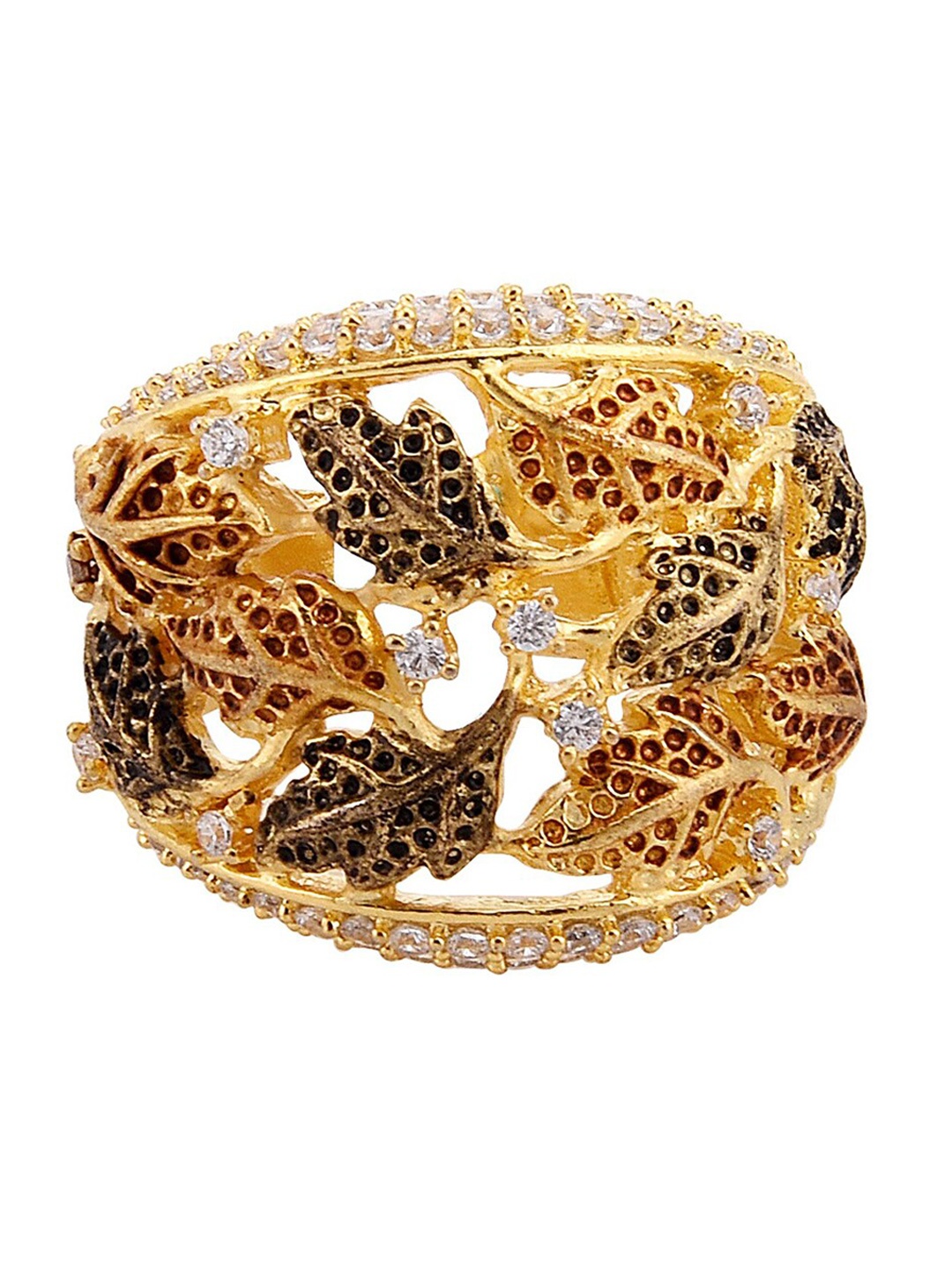

Tistabene White & Gold-Plated Antique Leafy Oxidised Finger Ring