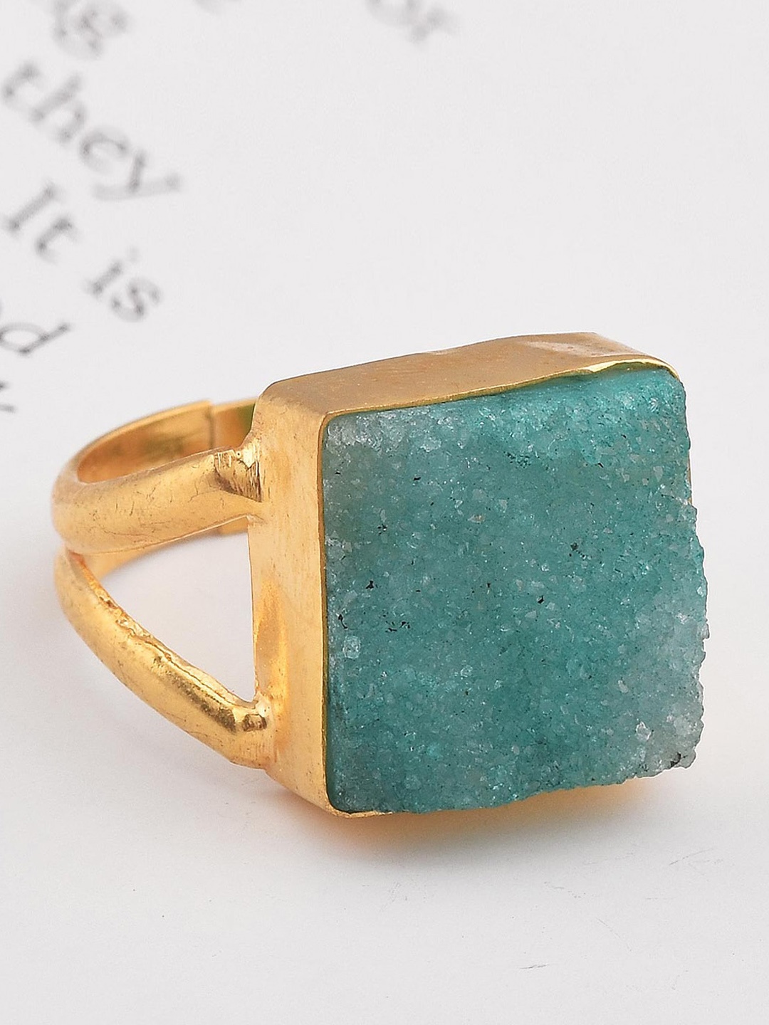 

Tistabene Gold Toned & Green Contemporary Western Blue Raw Stone Square Fashion Ring