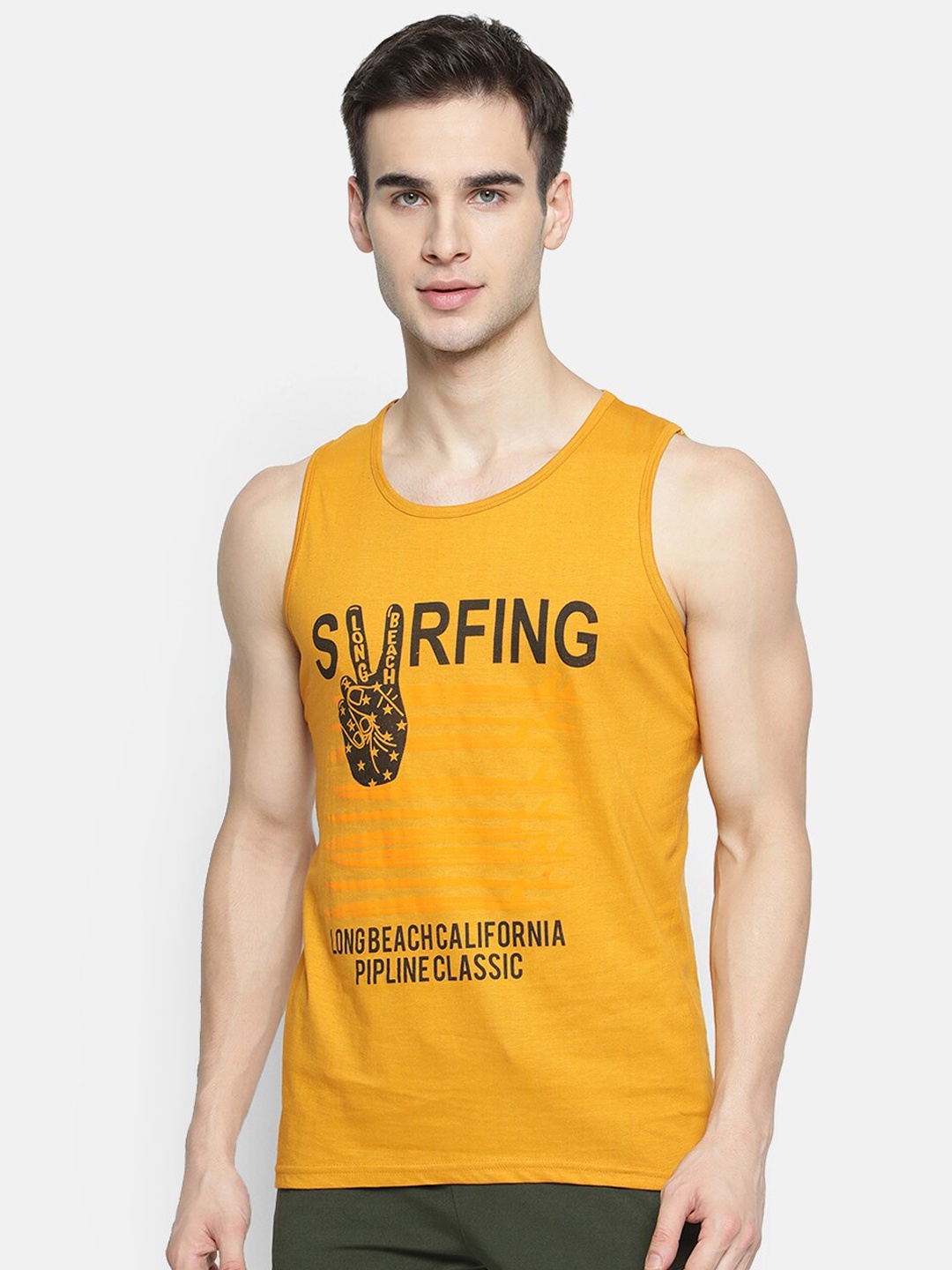 

V2 Value & Variety Men Mustard Yellow Printed Cotton Basic Innerwear Vest