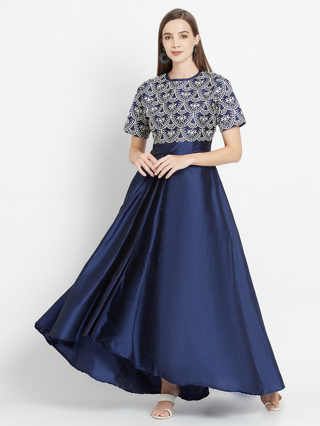 

Purple State Women Navy Blue Embroidered Maxi Dress