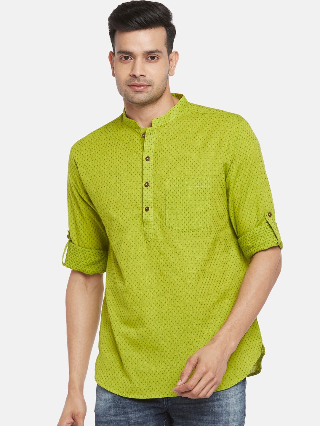 

indus route by Pantaloons Men Lime Green Thread Work Dobby Kurta