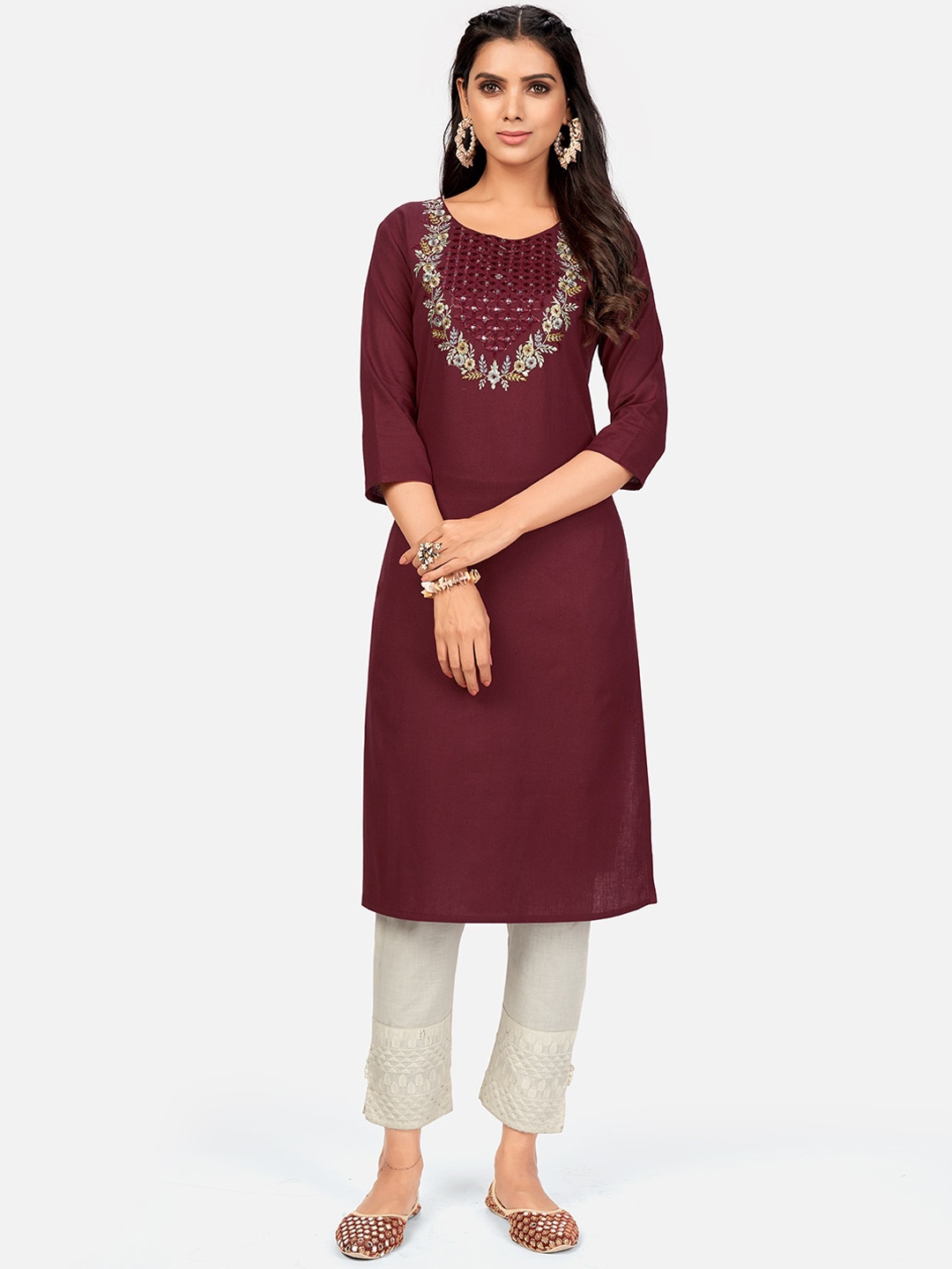 

Vbuyz Women Maroon Yoke Design Keyhole Neck Cotton Kurta