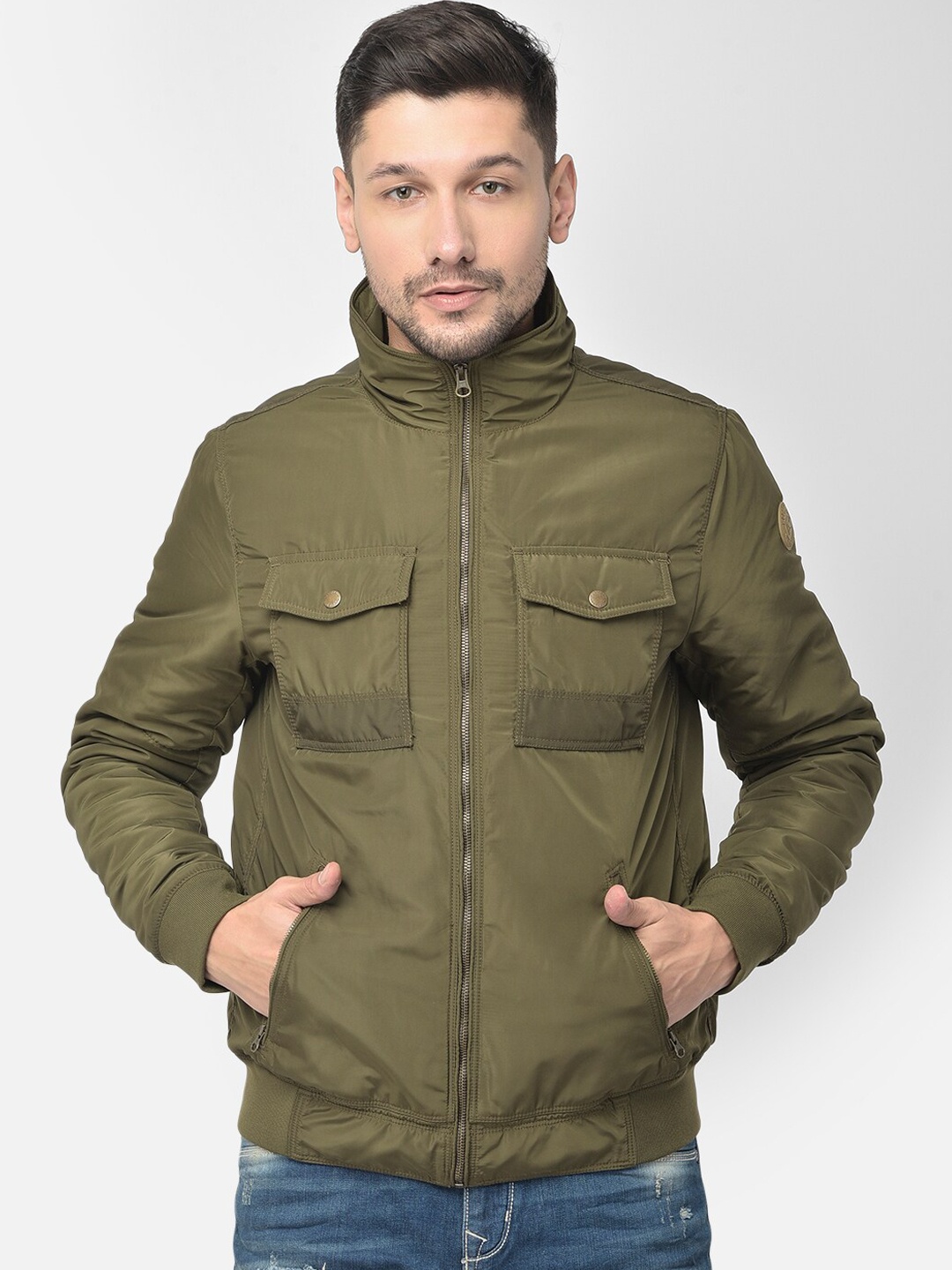 

Woodland Men Olive Green Water Resistant Bomber Jacket