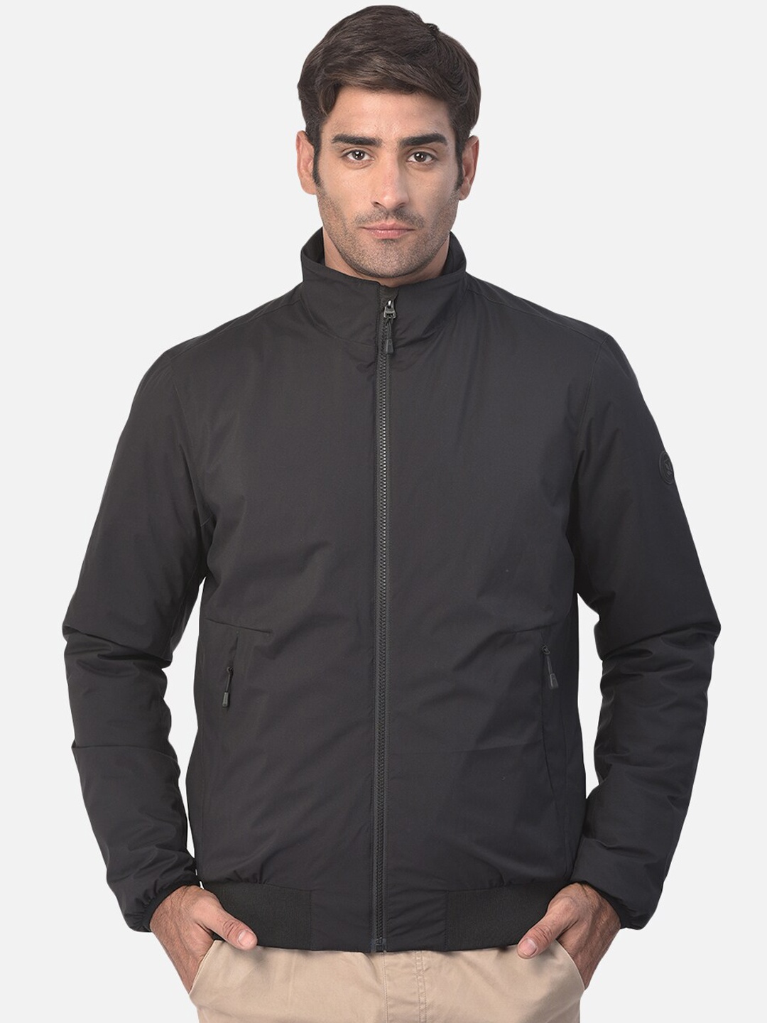 

Woodland Men Black Solid Water Resistant Bomber Jacket