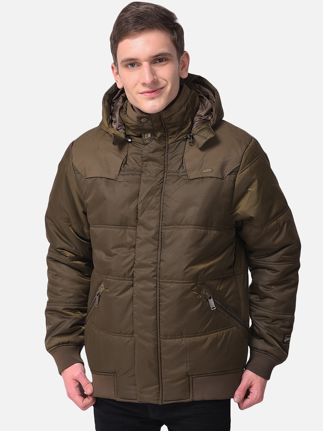 

Woodland Men Gold-Toned Camouflage Water Resistant Longline Puffer Jacket