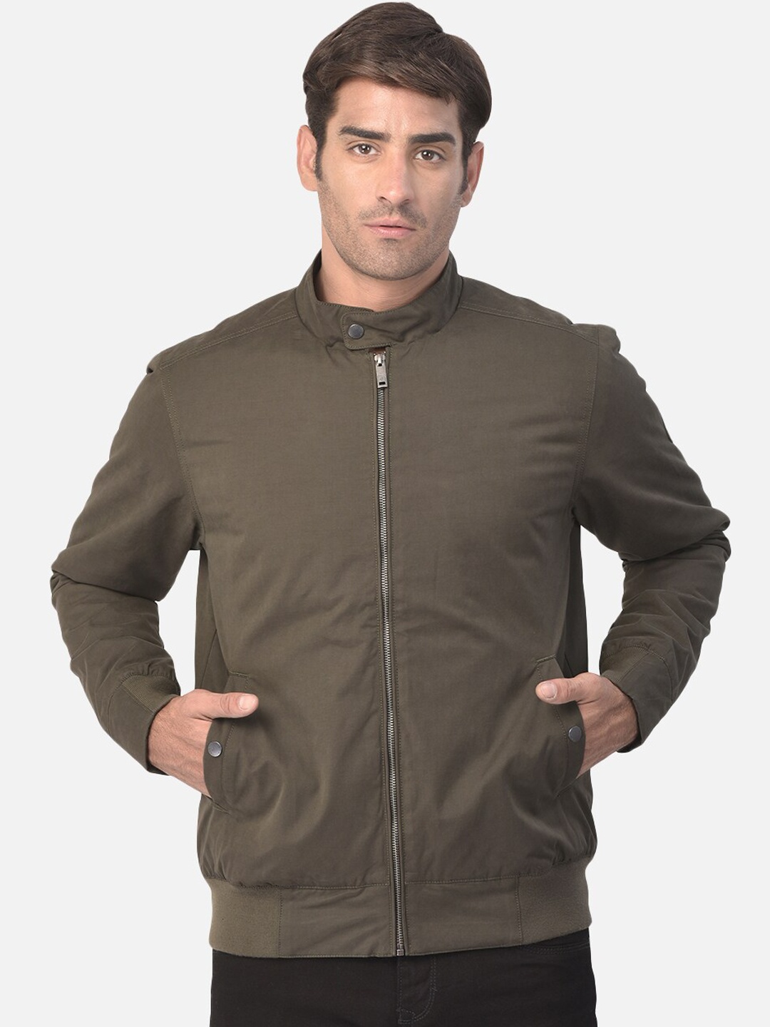 

Woodland Men Olive Green Water Resistant Longline Bomber Jacket