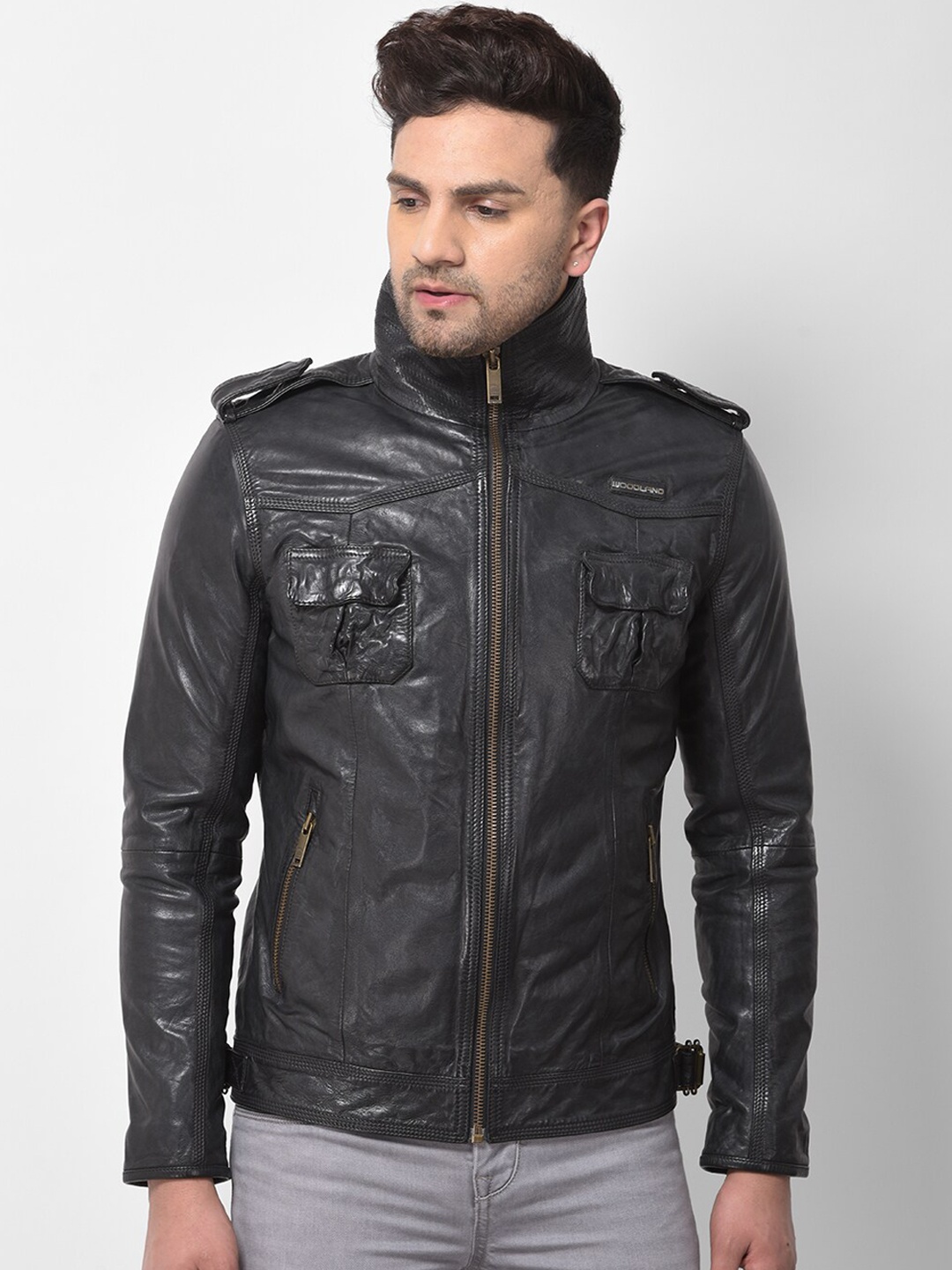 

Woodland Men Black Leather Water Resistant Leather Jacket