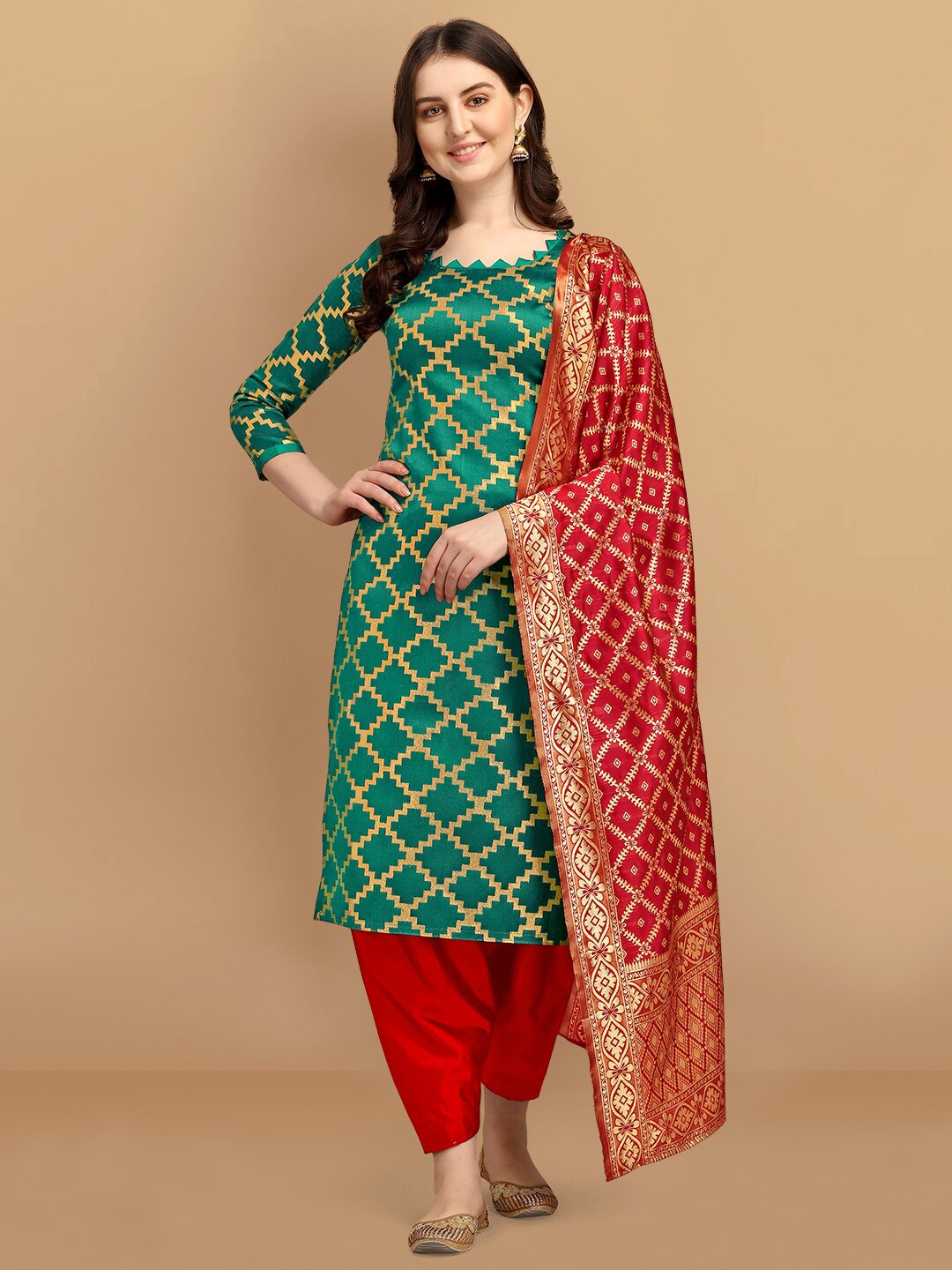 

Ethnic Junction Green & Red Unstitched Dress Material