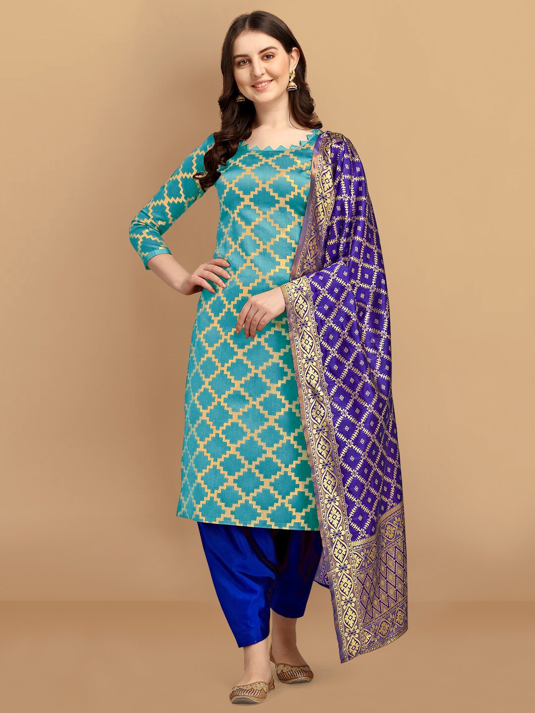 

Ethnic Junction Blue Unstitched Dress Material