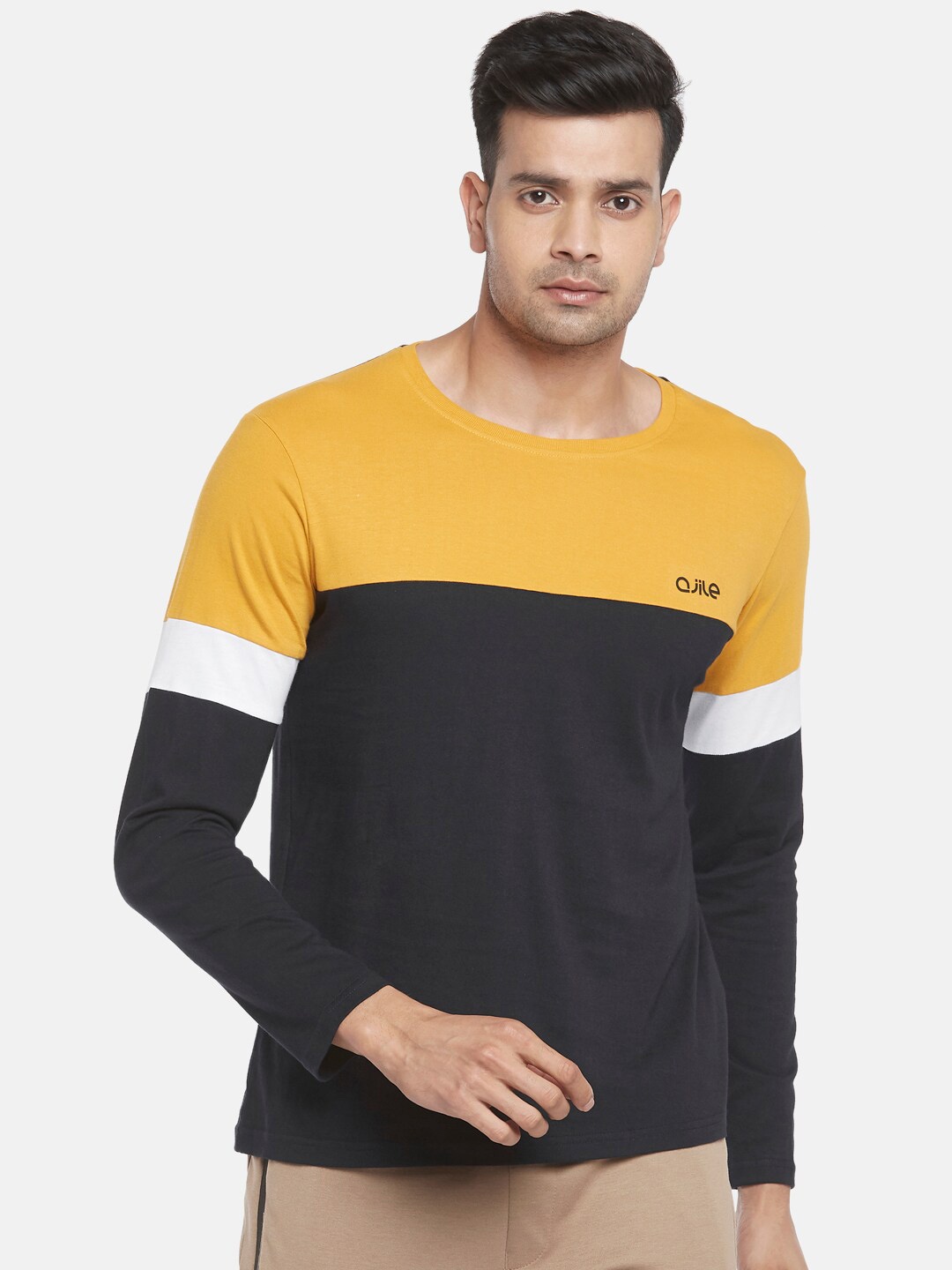 

Ajile by Pantaloons Men Black & Mustard Yellow Colourblocked Pure Cotton Slim Fit T-shirt