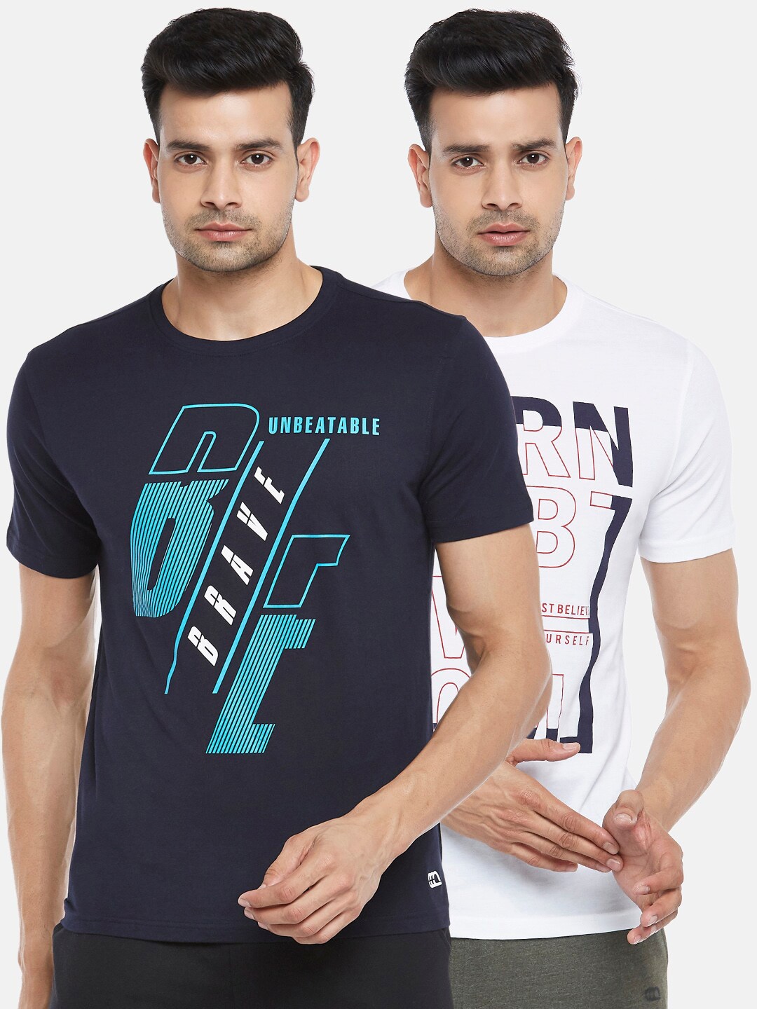

Ajile by Pantaloons Men Pack Of 2 Printed Pure Cotton Slim Fit T-shirt, Navy blue