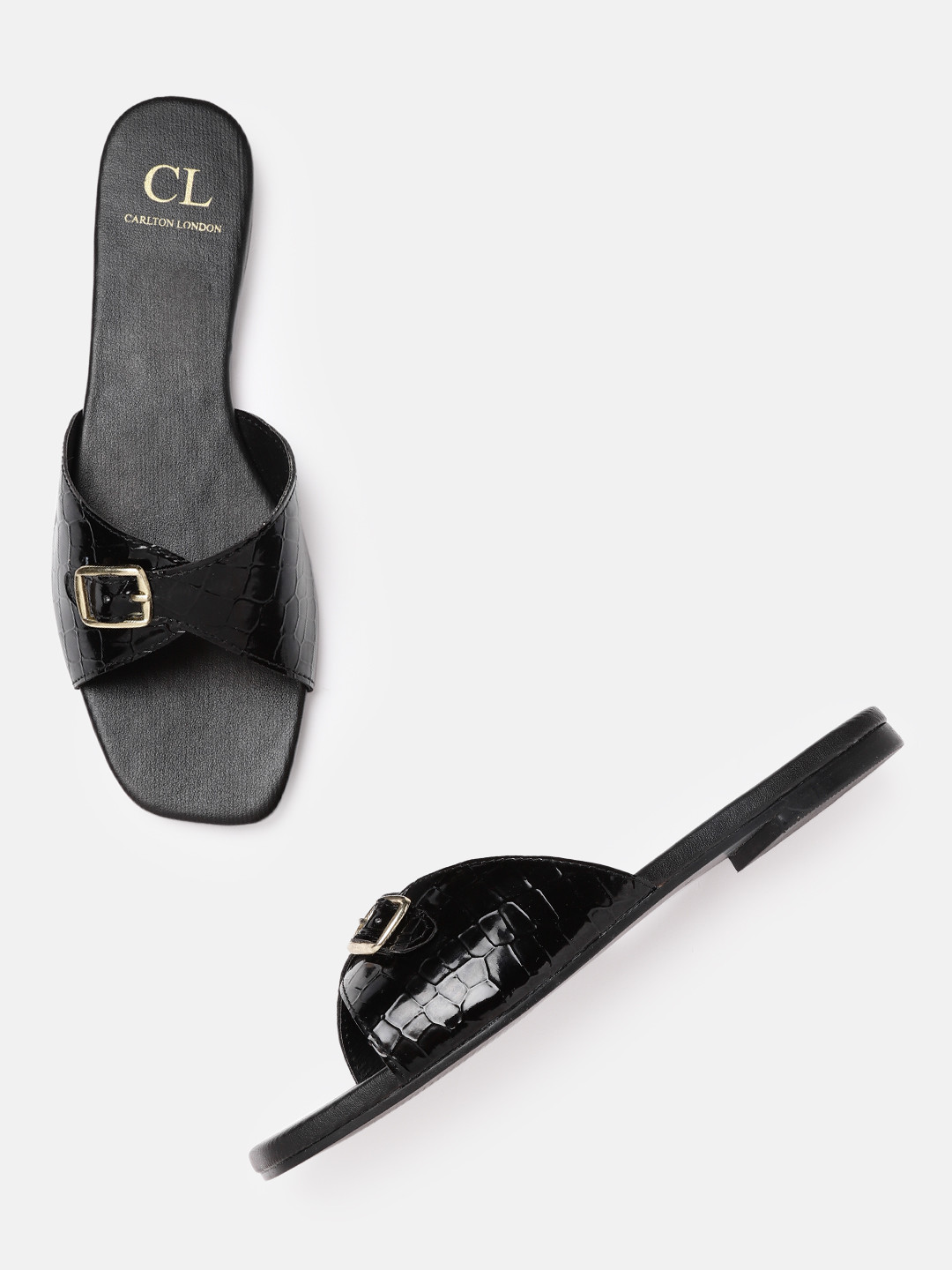 

Carlton London Women Black Croc Textured Open Toe Flats with Buckle Detail