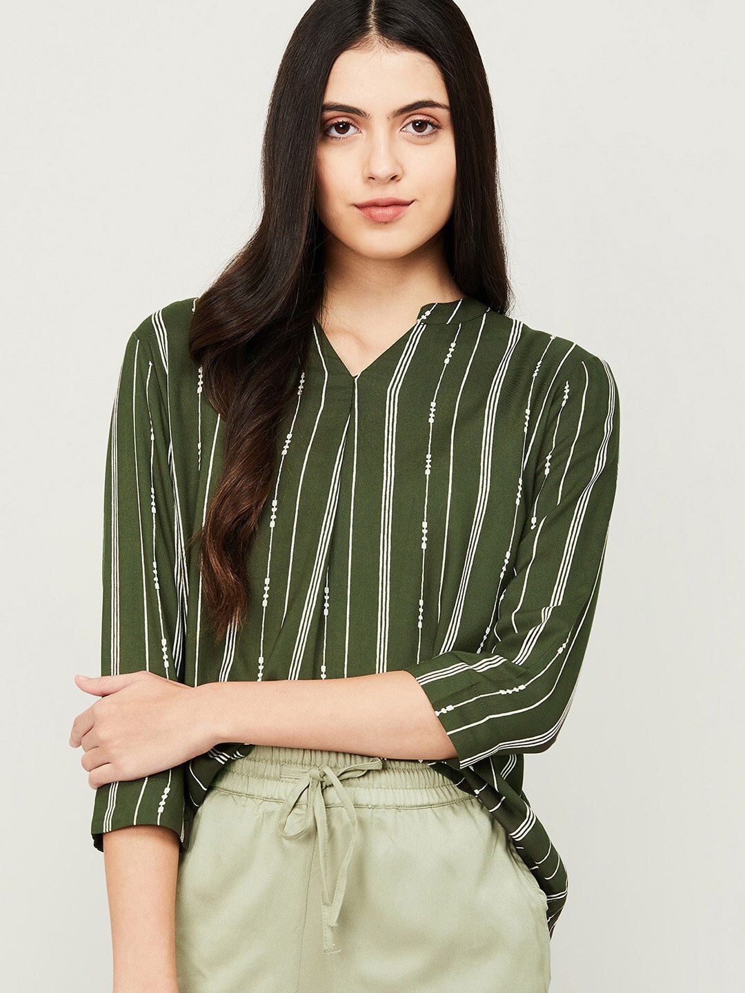 

Fame Forever by Lifestyle Olive Green Striped Mandarin Collar Shirt Style Top