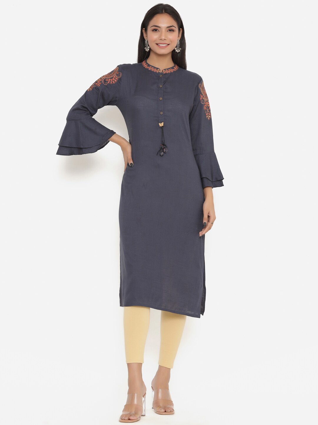 

PK Fashions Women Grey Ethnic Motifs Embroidered Bell Sleeves Kurta