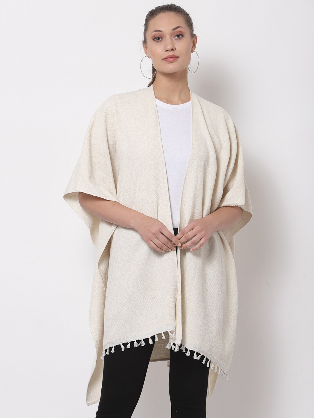 

Arrabi Women Cream-Coloured Longline Tie-Up Cotton Shrug