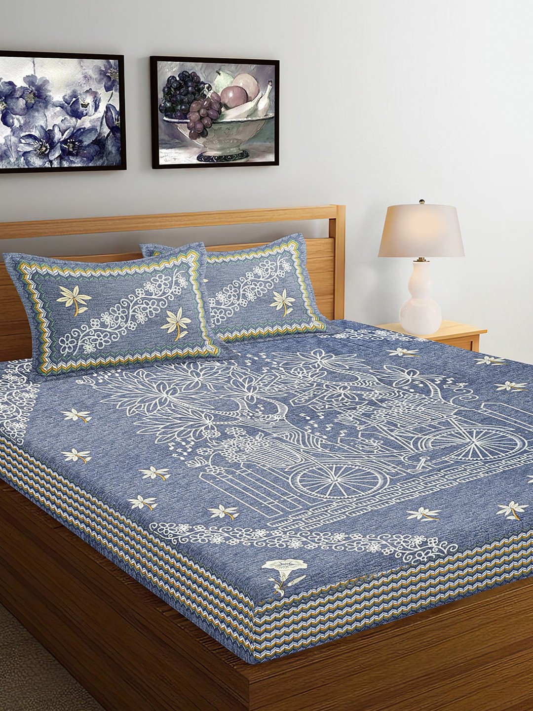 

Ispace Navy Blue AROMA 120 TC Cotton Jaipuri King Bedsheet With 2 Pillow Covers