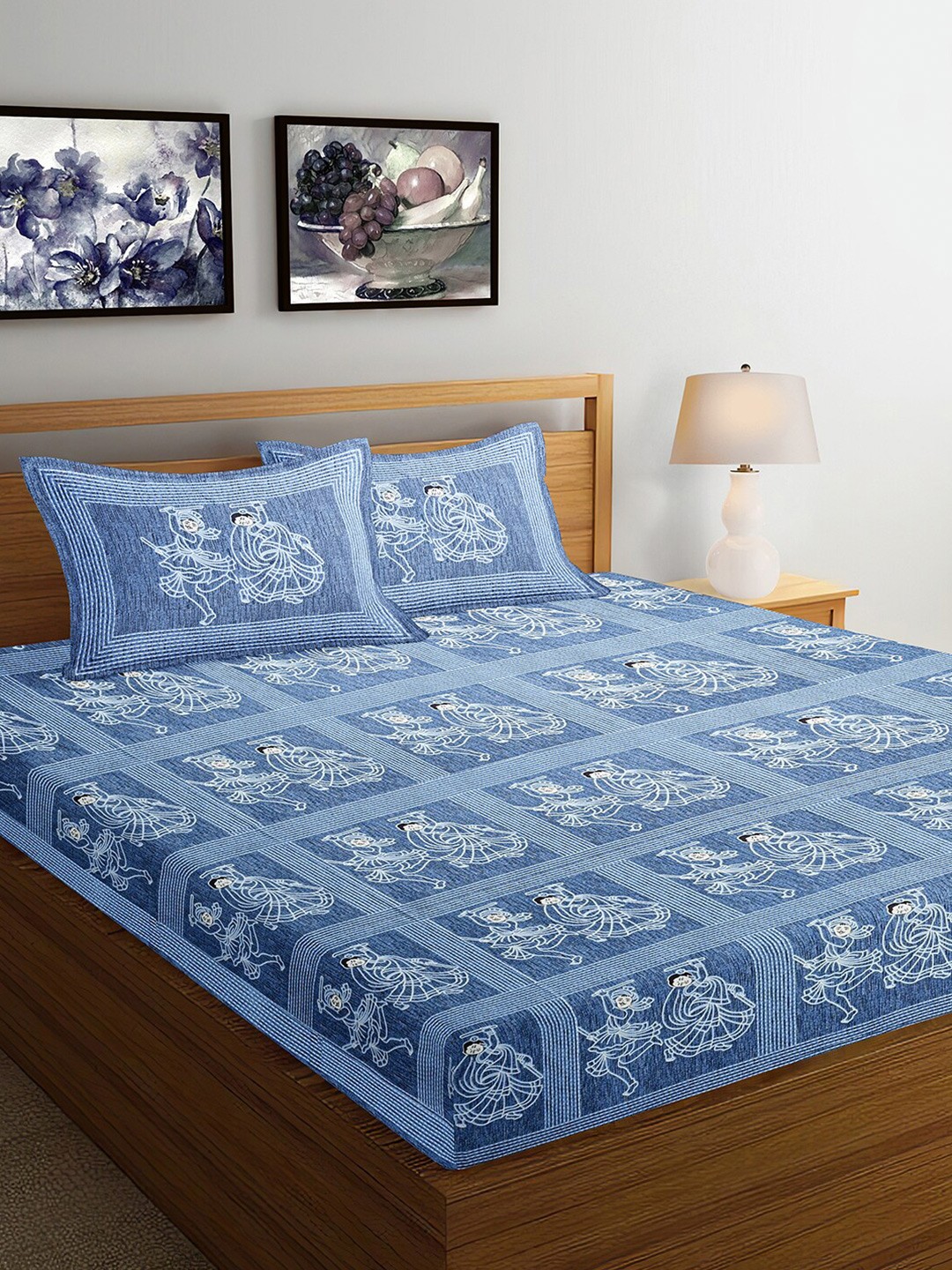 

Blue AROMA 120 TC Cotton Jaipuri King Bedsheet With 2 Pillow Covers