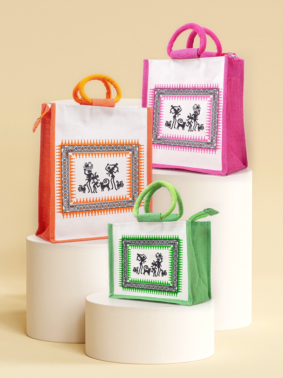 

Golden Peacock Set of 3 Warli Printed Handheld Bag, White