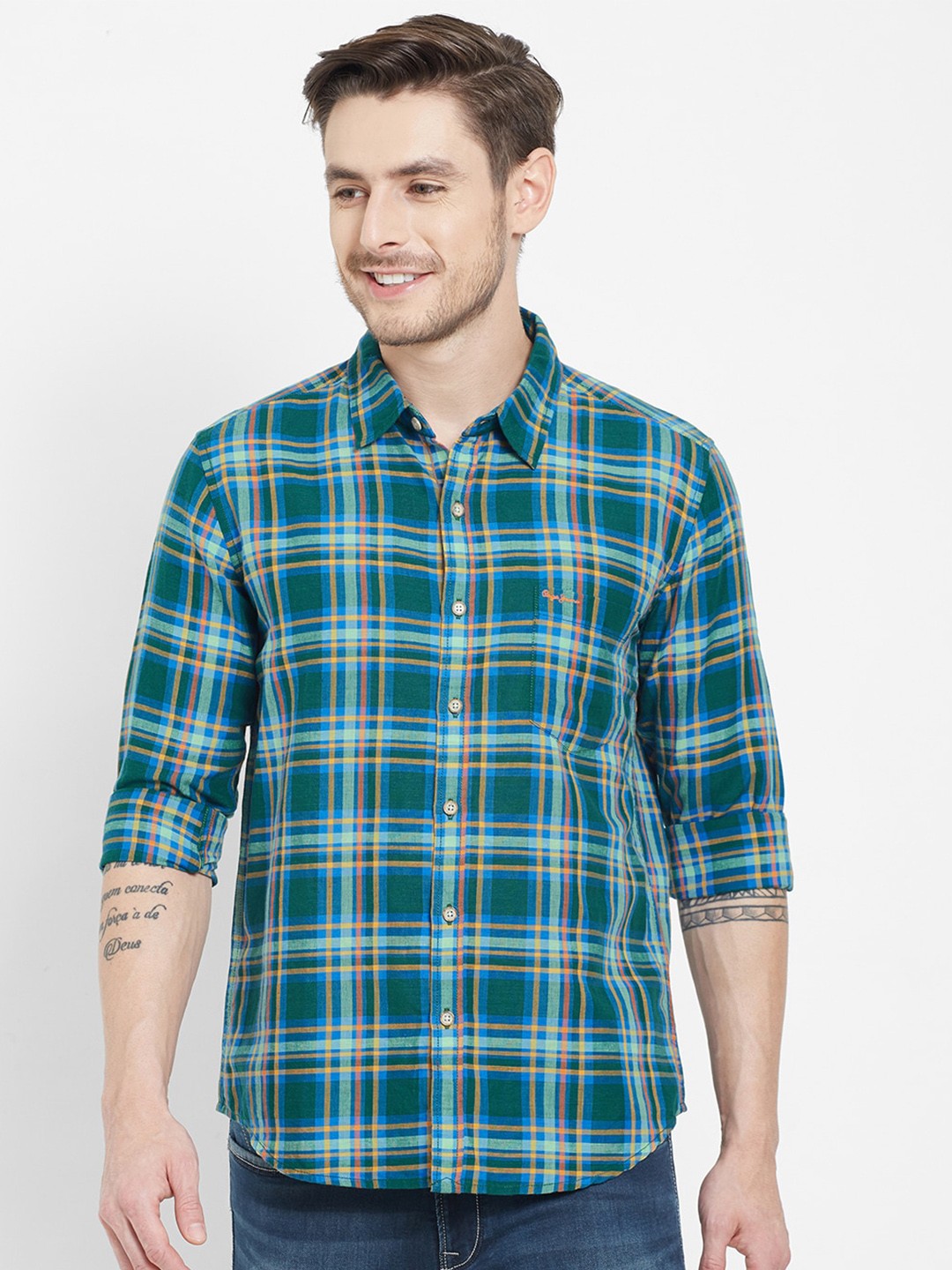 

Pepe Jeans Men Green Tartan Checks Checked Casual Shirt
